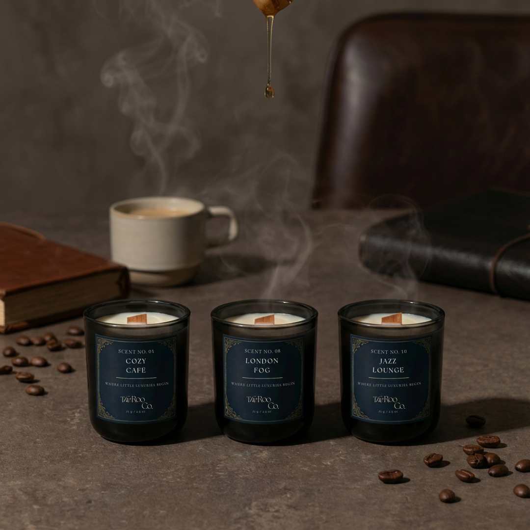 Gourmand candle collection by The Roo Co featuring Cozy Café, Milk in the Morning, and London Fog, styled in a warm kitchen setting with coffee beans, chocolate, and honey drizzle.