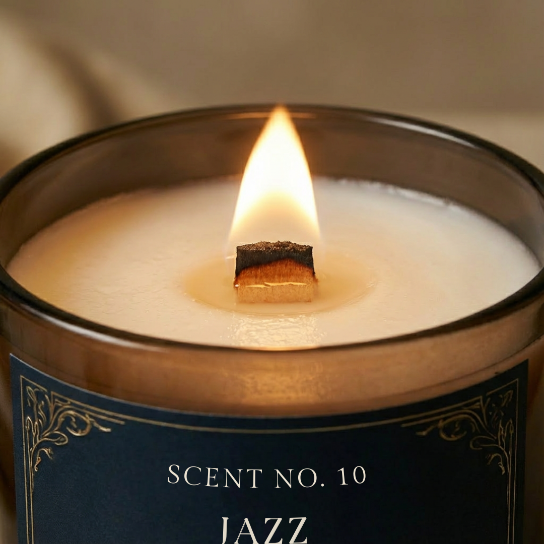 Top view of hand-poured luxury scented candle with natural wax and wooden wick