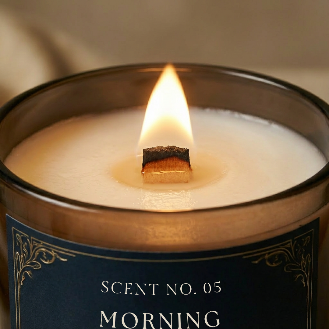 Hand-poured luxury scented candle with wooden wick and dark glass vessel – Morning Dew 