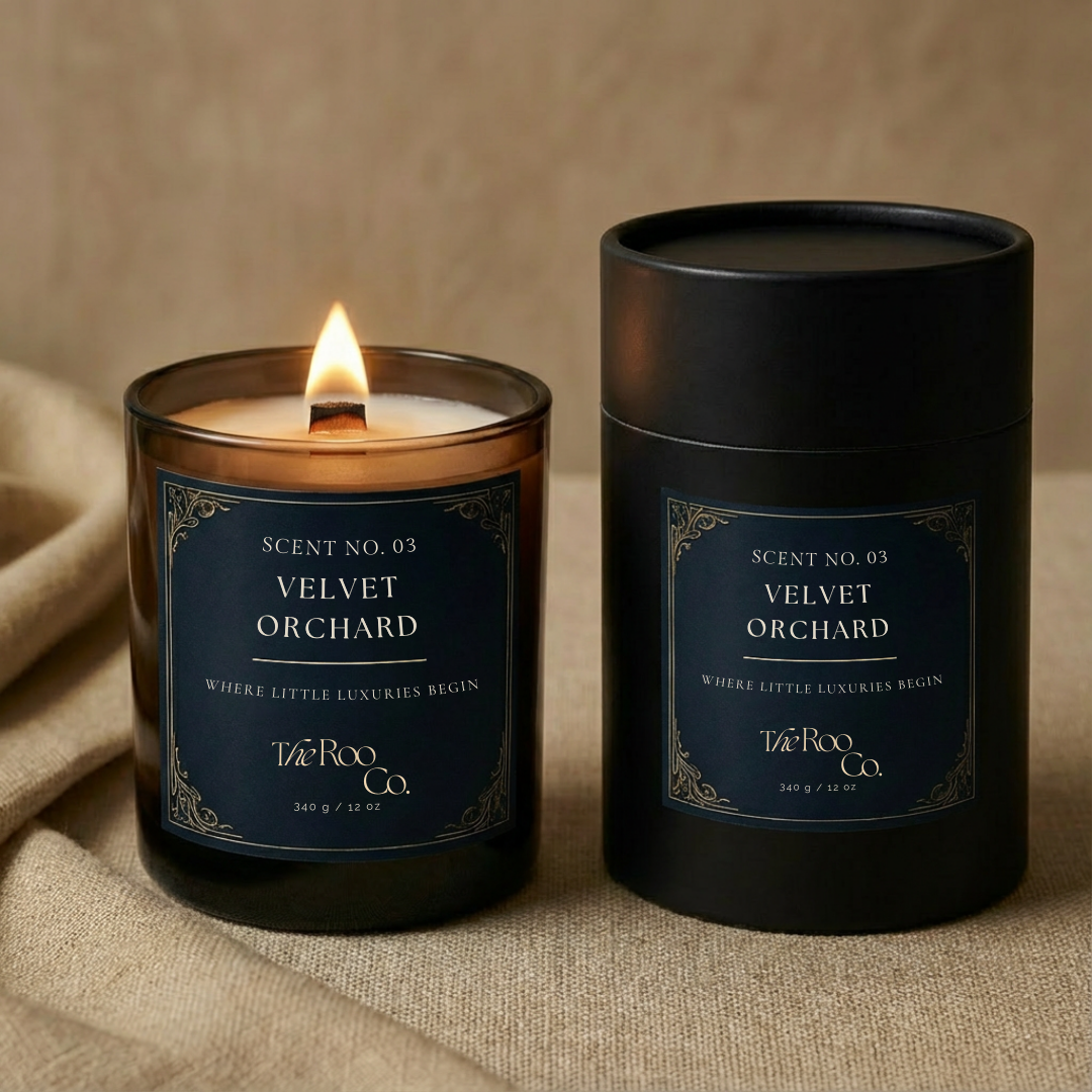 Luxury scented candle for elevated home decor and self-care ritual – Velvet Orchard with its tubed packaging
