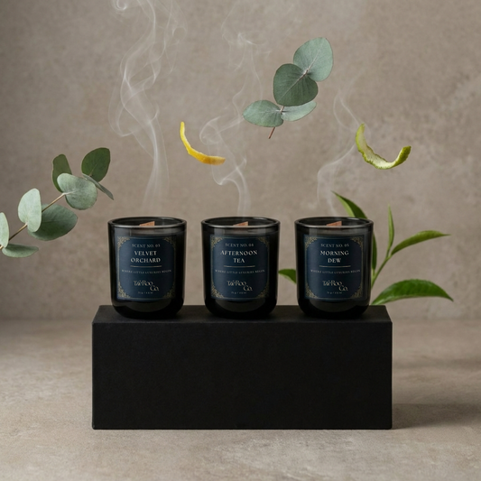 Fresh discovery kit with two 2.5 oz mini candles: Morning Dew, velvet orchard and Afternoon Tea