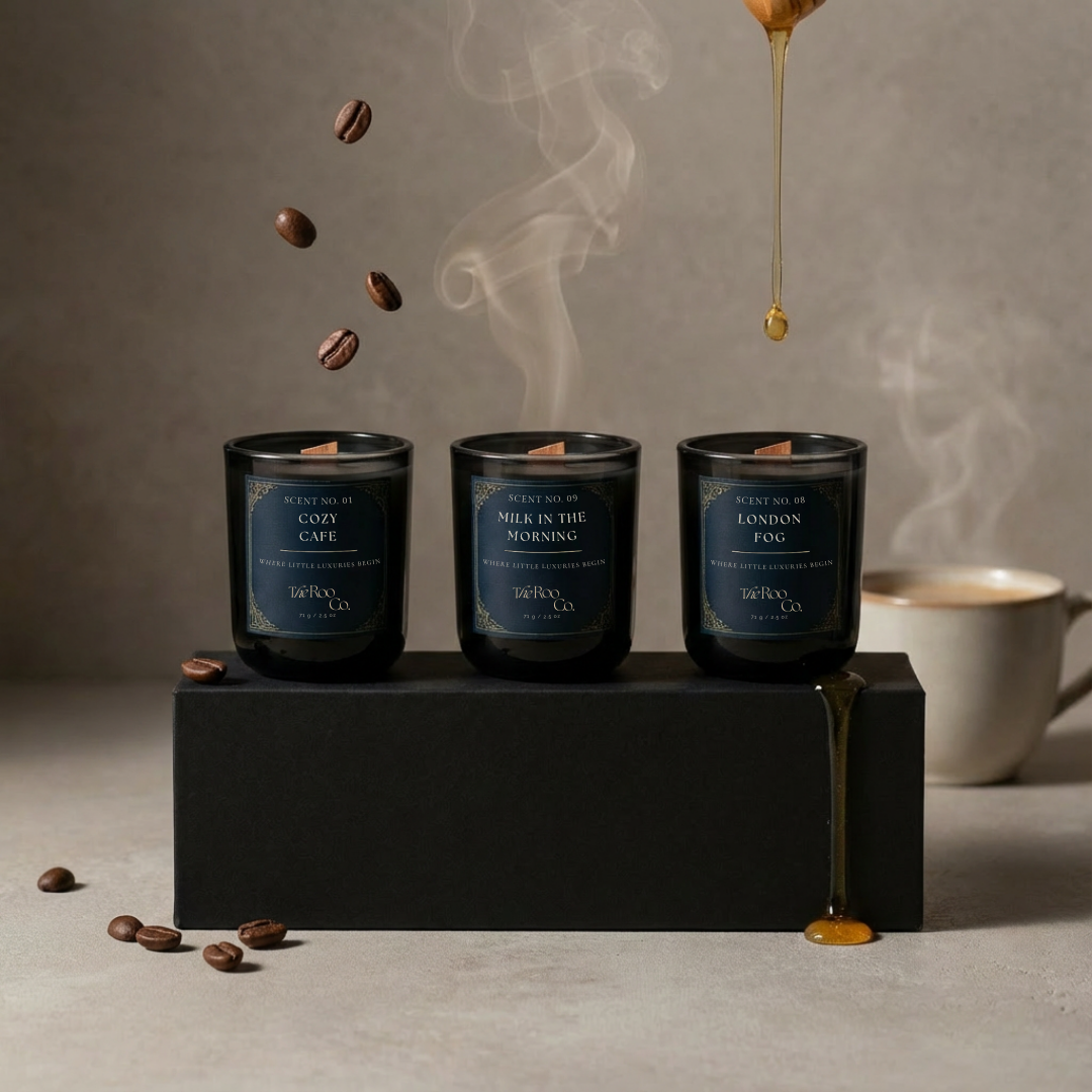 three 2.5 oz mini gourmand candles including Cozy Cafe, Milk in the Morning, London Fog