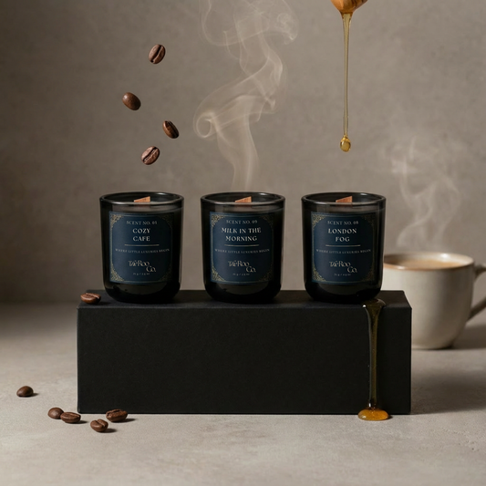 three 2.5 oz mini gourmand candles including Cozy Cafe, Milk in the Morning, London Fog