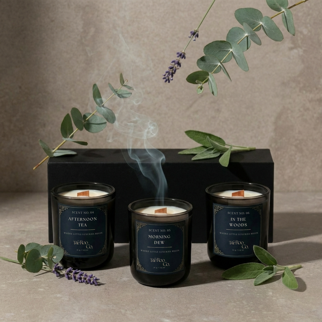 Aromatic discovery kit with three 2.5 oz mini candles: Morning Dew, Afternoon Tea, and In the Woods