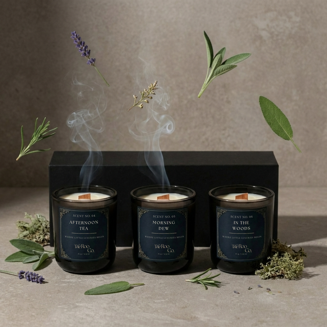 Aromatic discovery kit with three 2.5 oz mini candles: Morning Dew, Afternoon Tea, and In the Woods