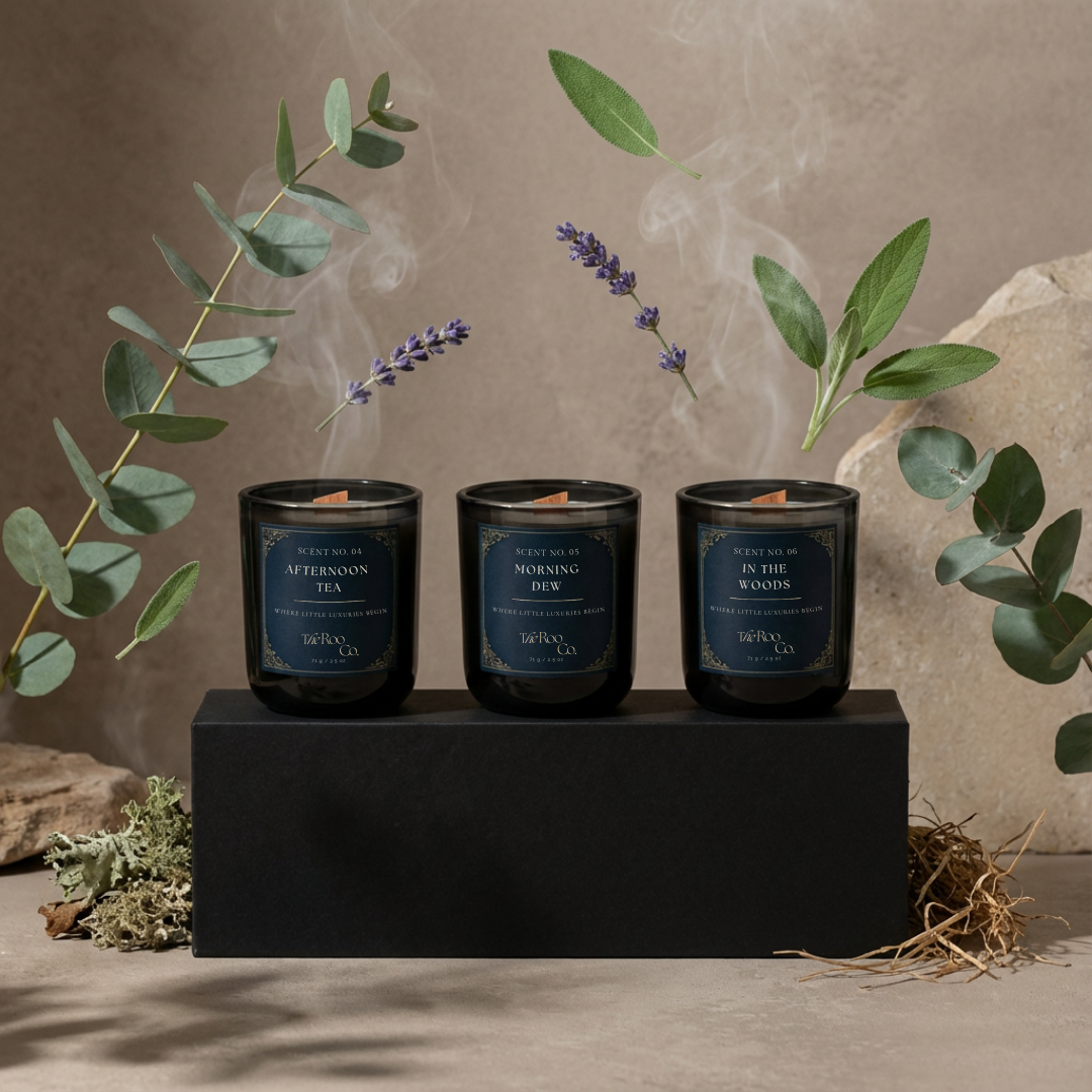 Aromatic discovery kit with three 2.5 oz mini candles: Morning Dew, Afternoon Tea, and In the Woods