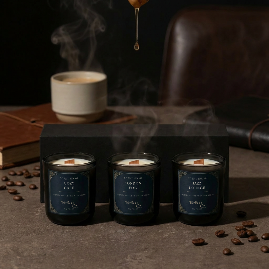 Gourmand candle collection by The Roo Co featuring Cozy Café, Milk in the Morning, and London Fog, styled in a warm kitchen setting with coffee beans, chocolate, and honey drizzle.