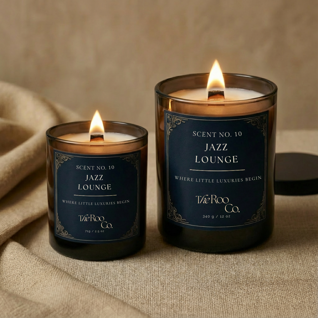 Hand-poured luxury scented candle with wooden wick and dark glass vessel – Jazz lounge 2.5oz and 12 oz candles 