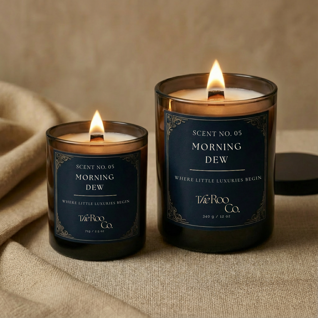 Close-up of luxury scented candle with wooden wick and gold label – Morning Dew