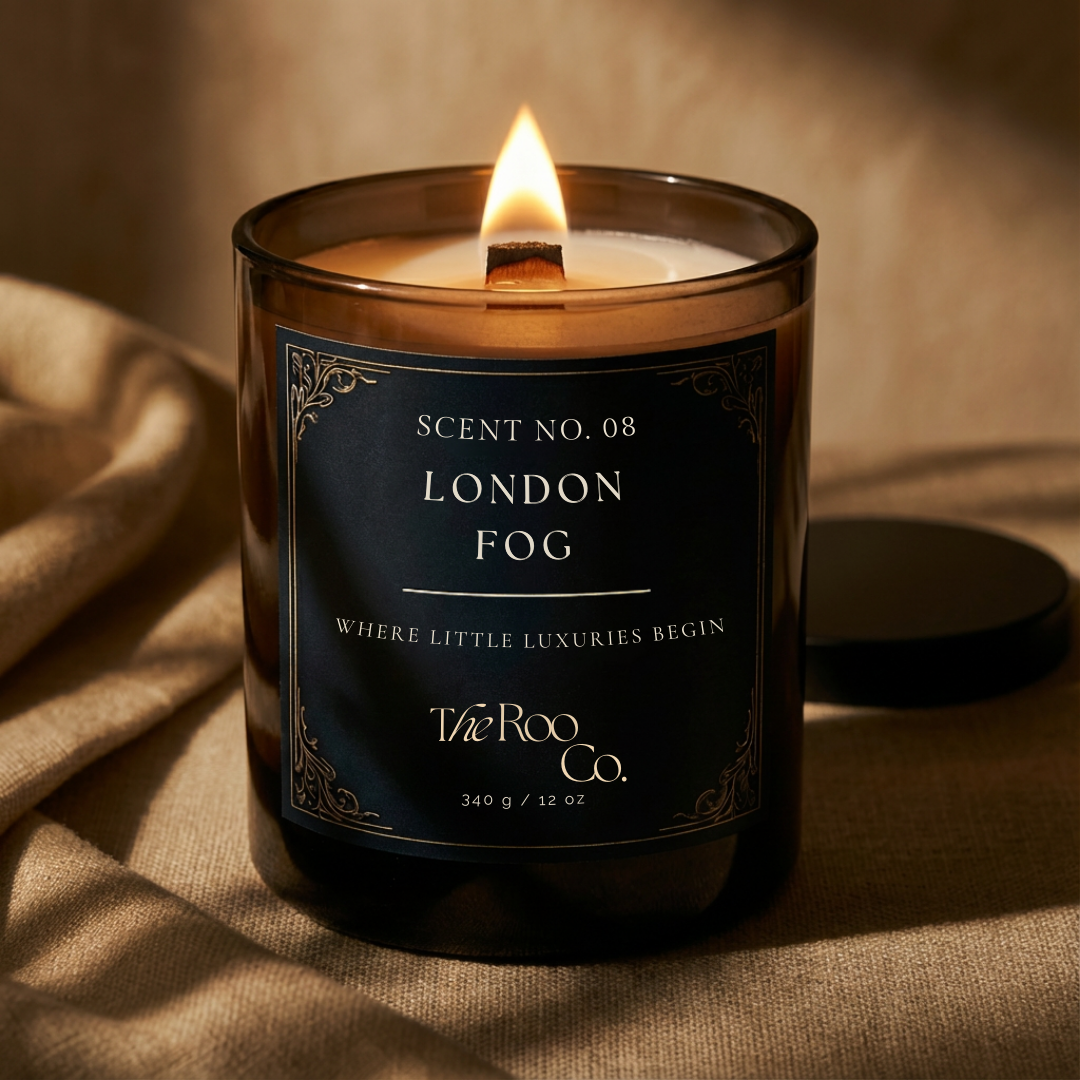 Lit wooden wick luxury scented candle creating warm ambient glow – London Fog  