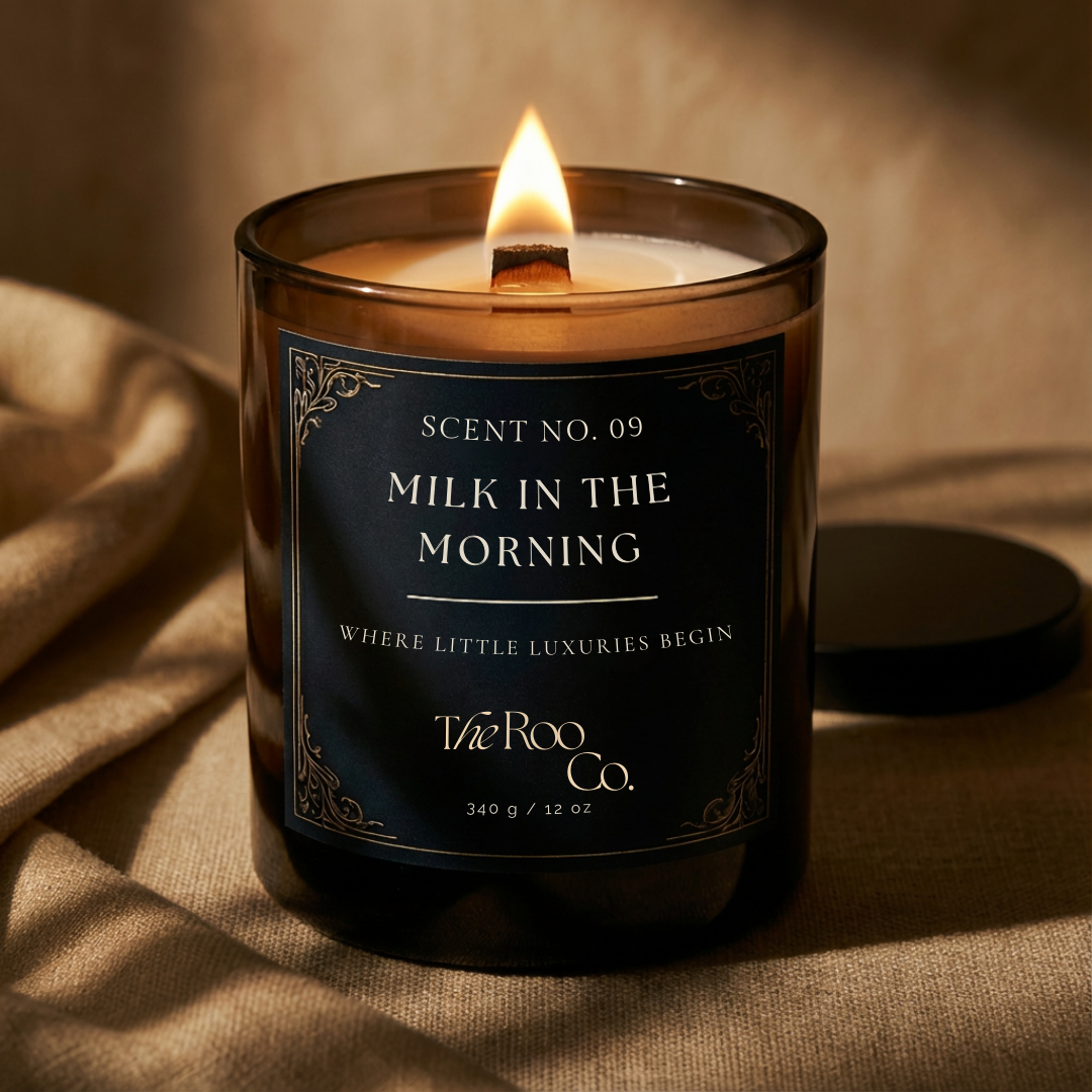 Close-up of luxury scented candle with gold label and wooden wick – Milk in the Morning 