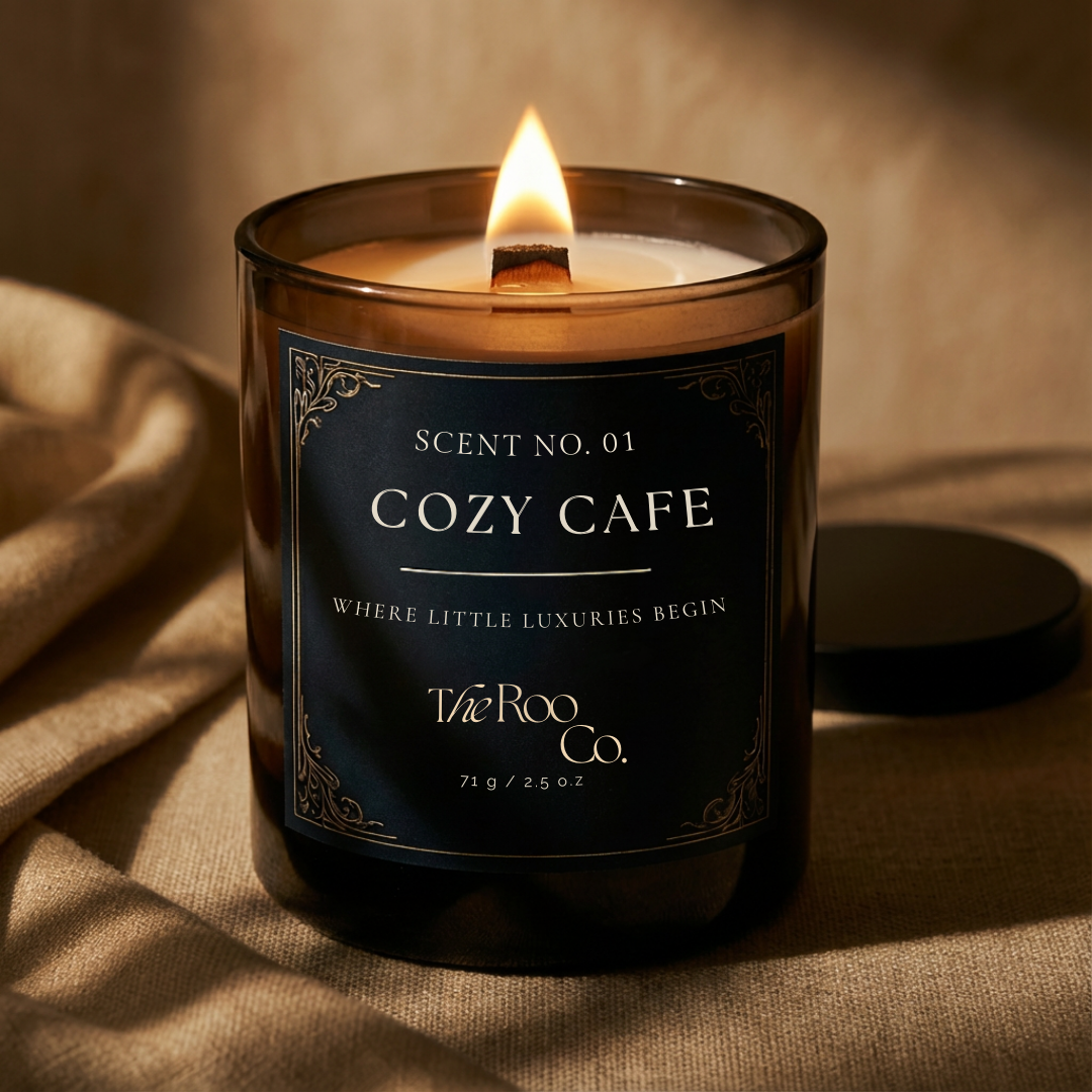 Lit wooden wick luxury scented candle creating warm ambient glow – Cozy Cafe 