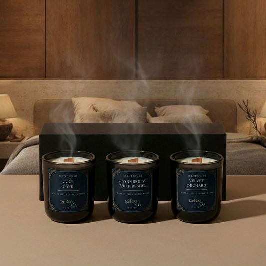 Signature discovery kit with three 2.5 oz mini candles: Cozy Cafe, Cashmere by the Fireside, and Velvet Orchard