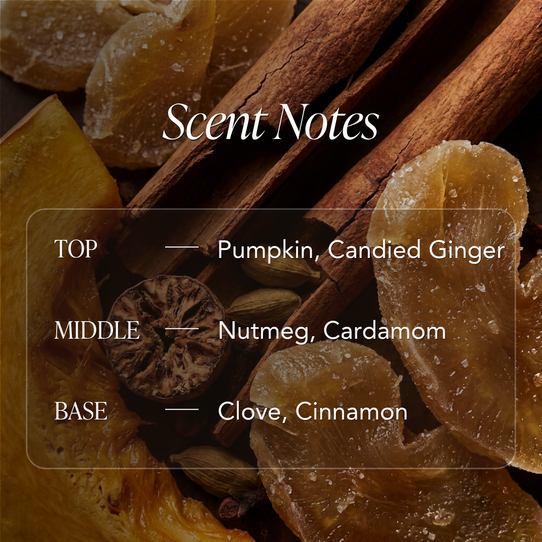 Macro fragrance composition for Autumn in the Kitchen featuring candied ginger, cinnamon, pumpkin, nutmeg, cardamom and clove.