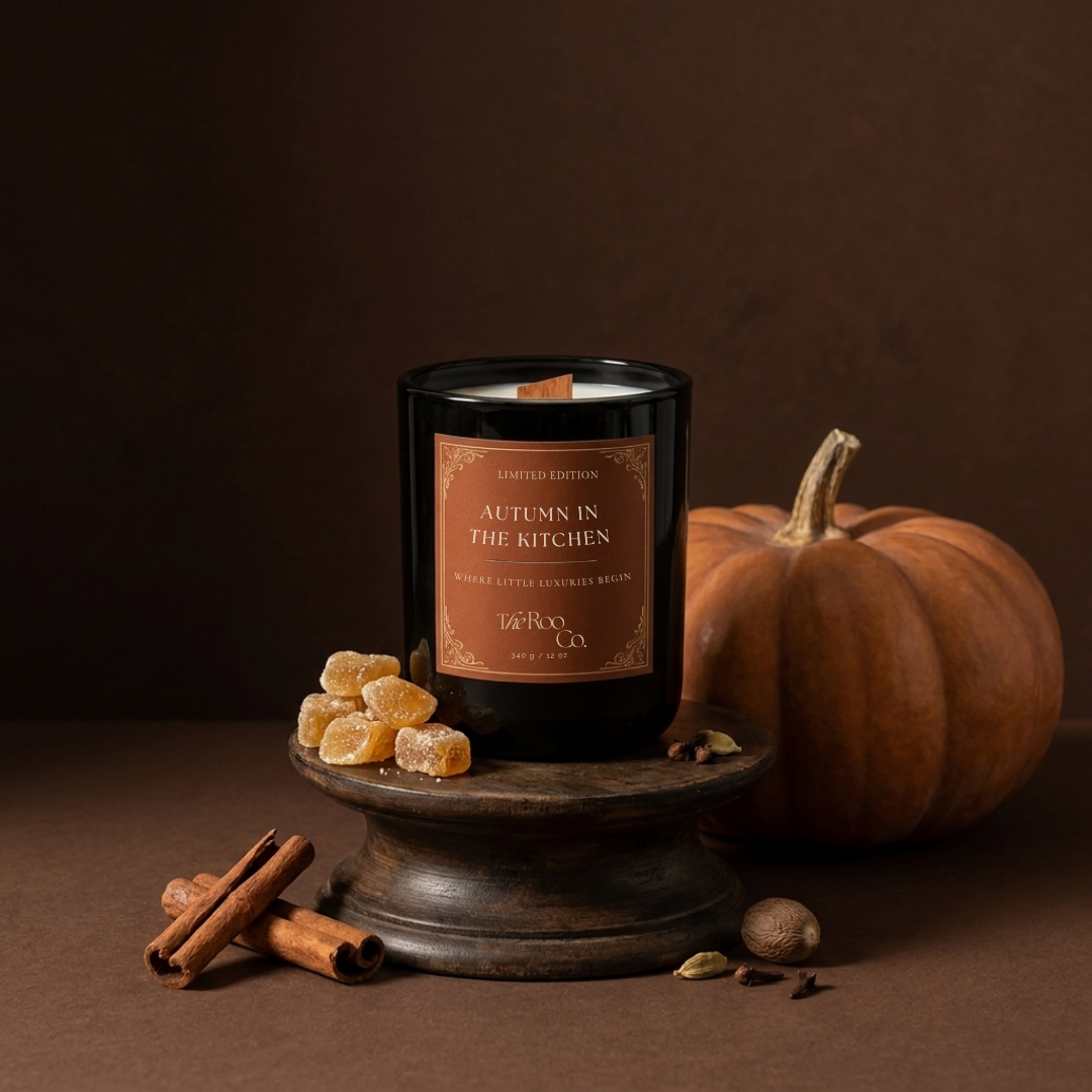 Autumn in the Kitchen candle styled with pumpkin, cinnamon and warm autumn spices in a moody luxury fragrance still life