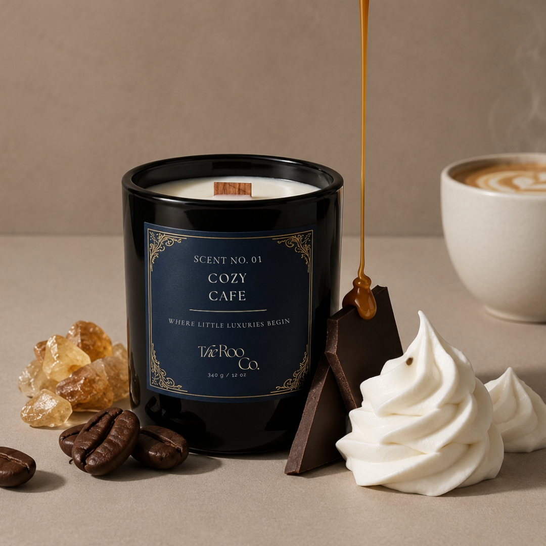  Luxury Cozy Café coconut soy candle with a wooden wick beside a latte, chocolate, whipped cream, coffee beans, and caramel drizzle.