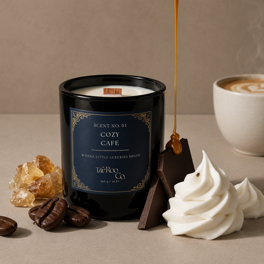  Luxury Cozy Café coconut soy candle with a wooden wick beside a latte, chocolate, whipped cream, coffee beans, and caramel drizzle.