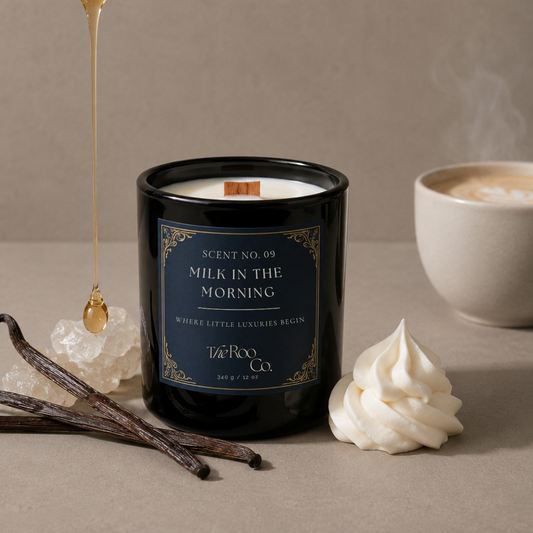 Luxury 12oz black candle with a wooden wick and navy label on a soft neutral plaster background. Milk in the Morning scented candle inspired by steamed milk, honey, caramel, coumarin, and soft white musk notes.