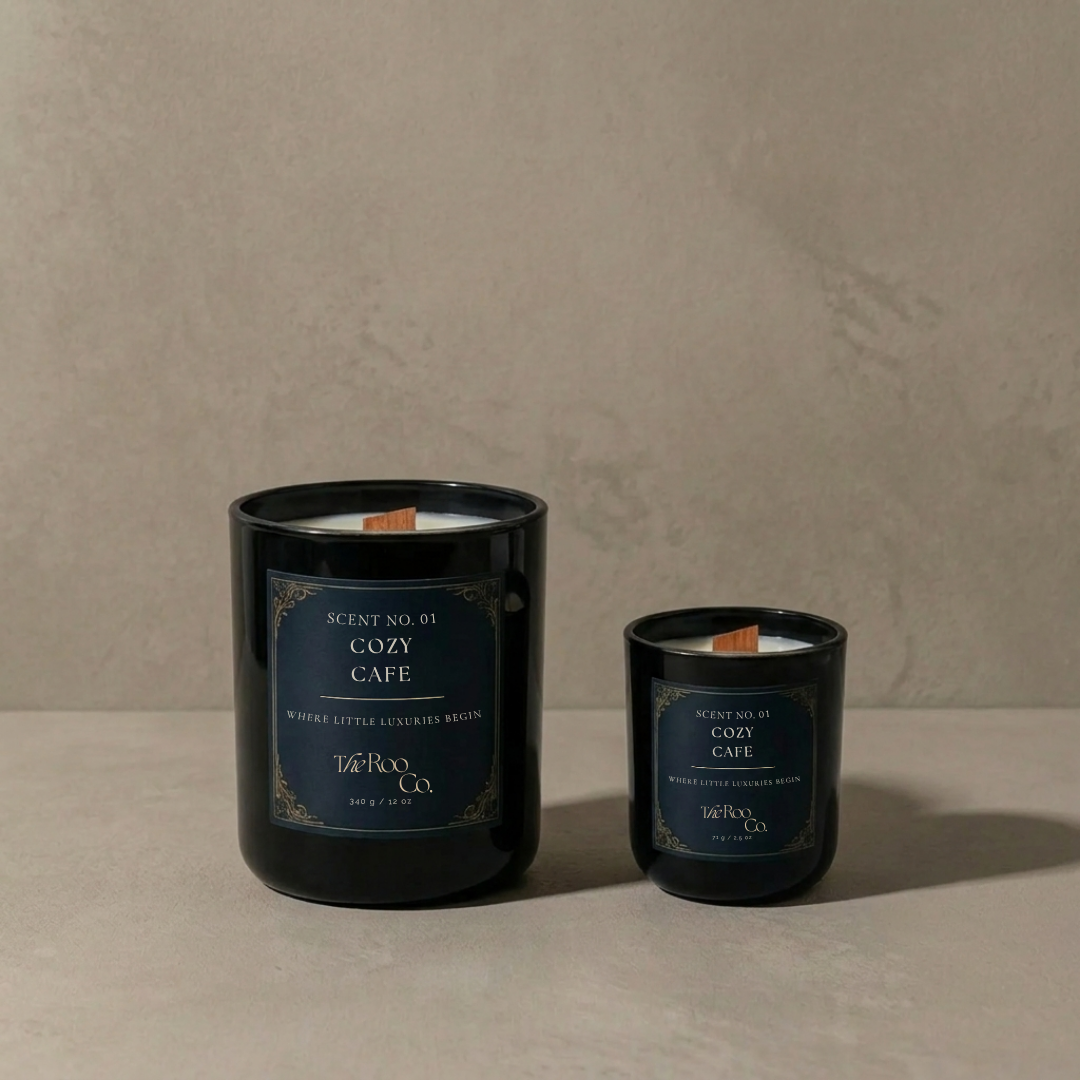 2.5oz and 12oz Hand-poured luxury scented candle with wooden wick and dark glass vessel  and candle tube– Cozy Cafe