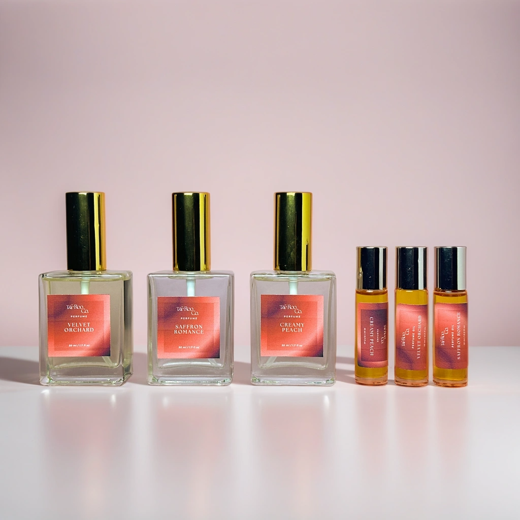 An elegant display of The Rooco's new perfume collection, featuring luxurious bottles filled with captivating scents.